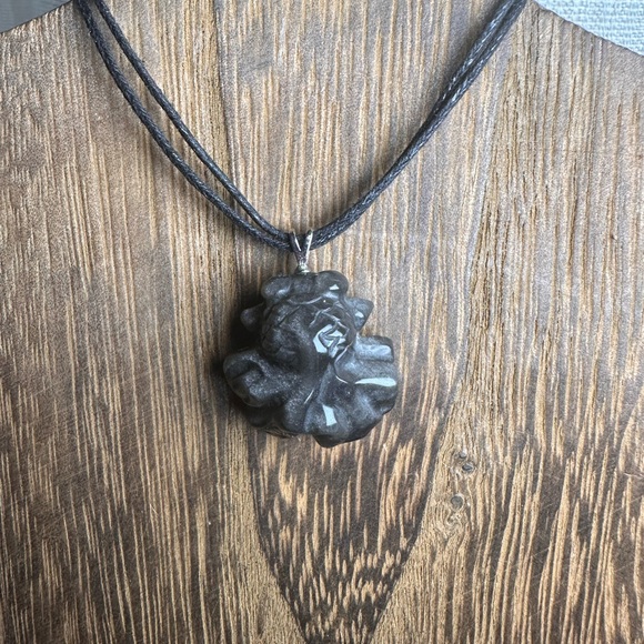 Silver Sheen Obsidian Goldfish Pendant Necklace on Black Rope - Picture 5 of 12